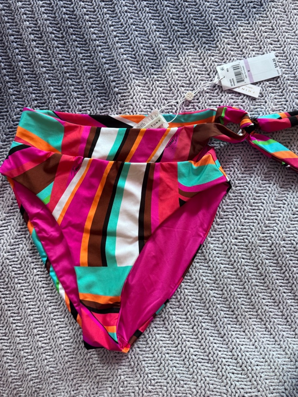 Trina Turk Vibrant Multi-Stripe High-Waist Bikini Bottom w/ sash!